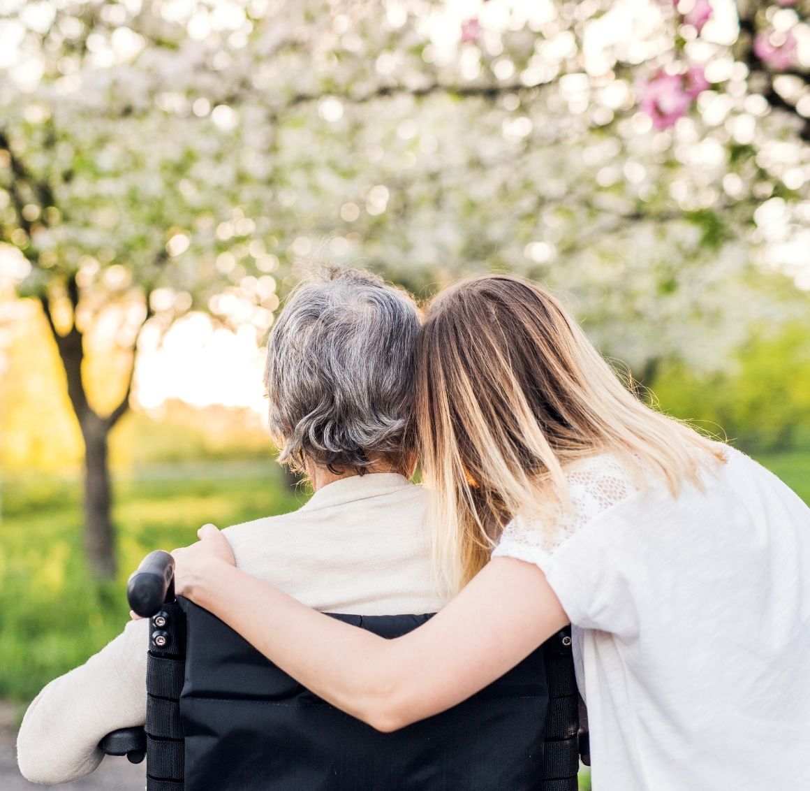 Caregiver sitting beside a senior in a wheelchair leaning close while facing a scenic outdoor background filled with trees and soft lighting highlighting companion care offered.