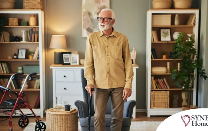 Exploring fall prevention for seniors — an elderly man stands in a safely arranged room.